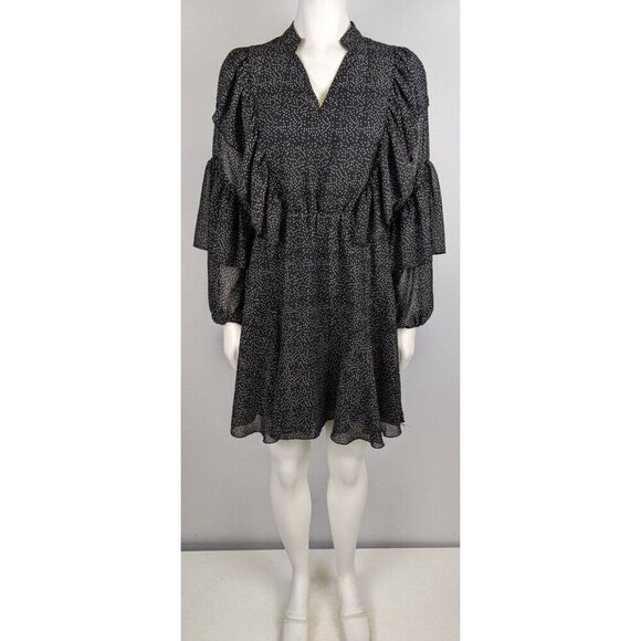 WOMEN'S BLACK & WHITE POLKA DOT PRINT LONG SLEEVE BOHO RUFFLE DRESS - SIZE S - Picture 1 of 7